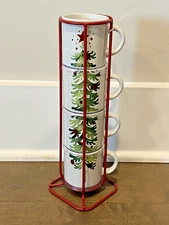 Boston Warehouse Stacked (4) Espresso Cups Mugs Wire Rack Christmas Tree Ceramic