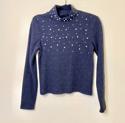 Zara Grey Pearl Beaded Long Sleeve Turtleneck Sweater Top Size Large