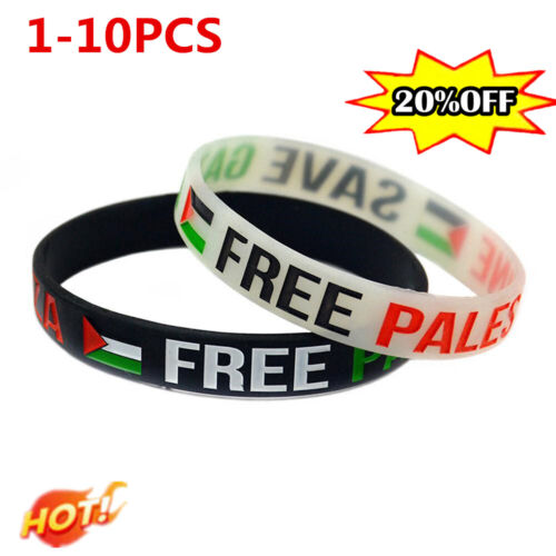 1-10PCS White/Black *FREE PALESTINE SAVE GAZA * Silicone Wristband Flag Bracelet - Afbeelding 1 van 29