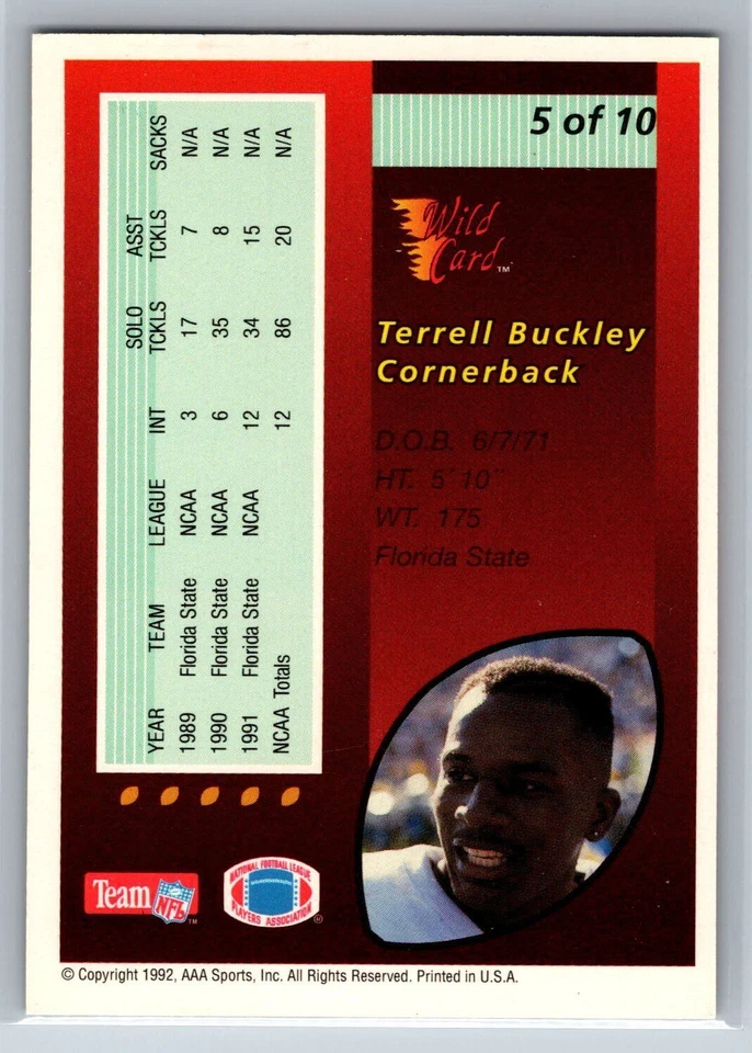1992 Wild Card Terrell Buckley Rookie Red Hot Rookies RC #5 - Image 2 of 2