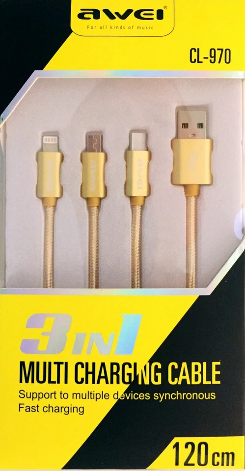 3 in 1 Multiple Head USB Charging Cord Cable For Cellular Phone Android Type C - Image 2 of 4