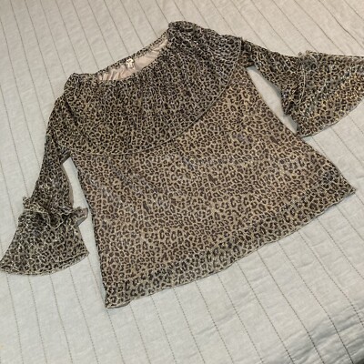 Reba McEntyre Top Large Womens Gold Black Metallic Cheetah Kimono Shoulder shirt