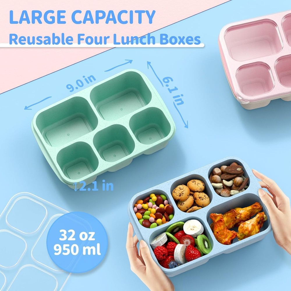 Bento Box Adult Lunch - 4 Pack 5 Compartment Meal Prep Container for Kids