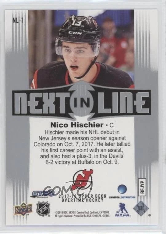 2017-18 Upper Deck Overtime Next in Line Nico Hischier #NL-1 Rookie RC - Image 2 of 2