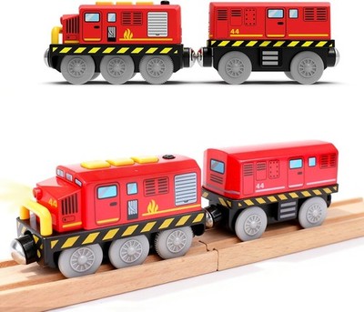Battery Powered Fire Engine Train Toy Wooden Track Light Sound Kids Gift