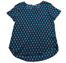 Pleione Womens Blouse Size PS Blue Floral Scoop Neck Short Sleeve USA Made