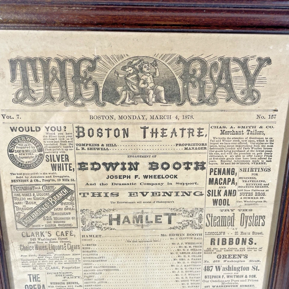Programa enmarcado Hamlet Edwin Booth Boston Theatre The Ray Vol 7 #157 4 de marzo de 1878 Foto 3 de 4