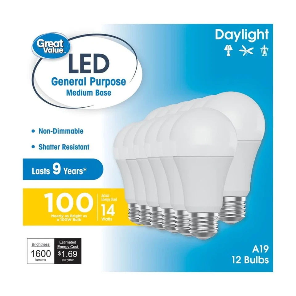 A19 LED Light Bulbs, 100 Watts Eqv, Daylight, General Purpose, 9Yr, Medium Base, - Image 2 of 4