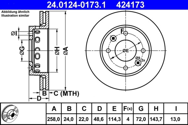 2X Bremsscheibe ATE 24.0124-0173.1 FüR K9A Clarus GC KIA FC Carens 1 FJ 16V-image