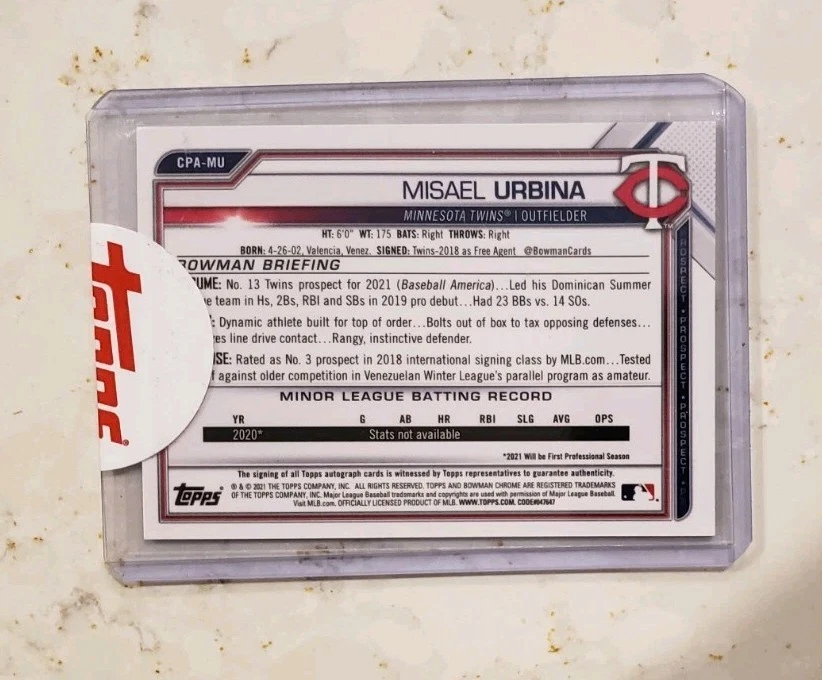 2021 Bowman Chrome Misael Urbina Minnesota Twins 1st Auto RC - Image 2 of 2