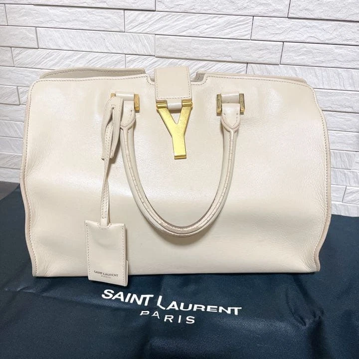 Saint Laurent Paris Y-Line Cabas Leather Tote Bag Handbag Beige Used W/Case