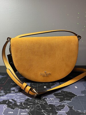 kua New Kate Spade Crescent Suede Flap Leather Mustard Squash