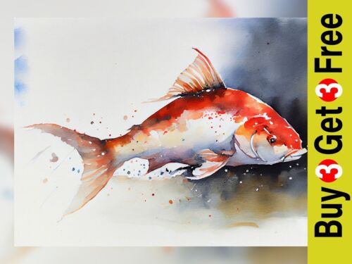 "Lebendiger Koi Fisch Aquarelldruck - künstlerisches aquatisches Dekor 5""x 7" - Bild 1 von 5