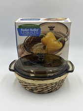 Anchor Hocking Casserole Ovenware Buffet W/Lid 1.5 Qt & Fiber Basket Vintage