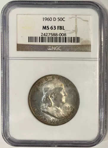 1960-D Silver Ben Franklin Half Dollar, NGC MS-63 FBL, Elegant Dark Obverse Tone