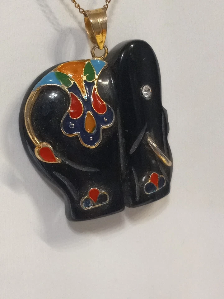 14K Gold Filled Chain Black Onyx Crystal Enamel Elephant 18 Inch Necklace - Image 4 of 4