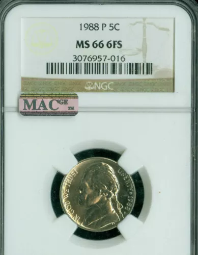 1988 P JEFFERSON NICKEL NGC MS66 6FS 2ND FINEST REGISTRY MAC SPOTLESS *