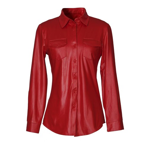 Lady PU Leather Jacket Blouse Long Sleeves Button Pocket Coat Lapel Shacket Tops - Picture 6 of 12