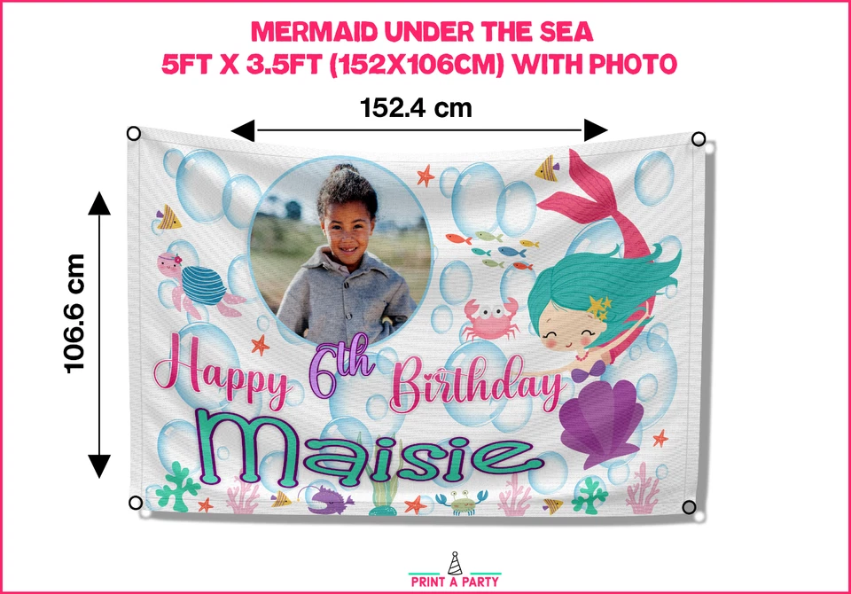 Personalised Mermaid Under The Sea Birthday Banner Photo Backdrop Pink Girls - Image 2 of 4