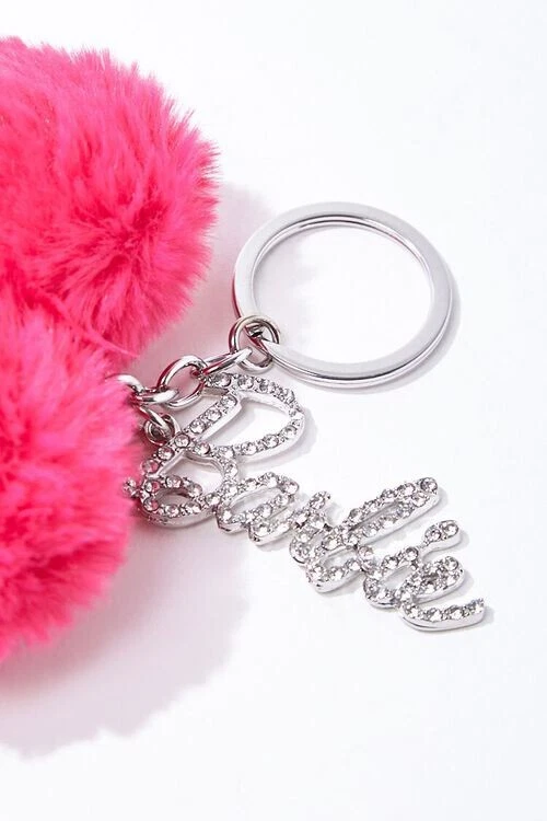NWT Licensed Barbie™ Heart Keychain Faux Fur Hot Pink Silver Rhinestones - Image 2 of 4