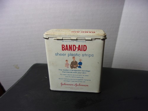 Caja de curitas vintage contenedor raro hojalata tiras transparentes vestido azul Johnson años 60 - Imagen 2 de 3