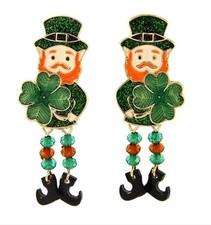 ST. PATRICKS DAY SHAMROCK LEPRECHAUN WITH DANGLE CRYSTAL LEGS EARRINGS