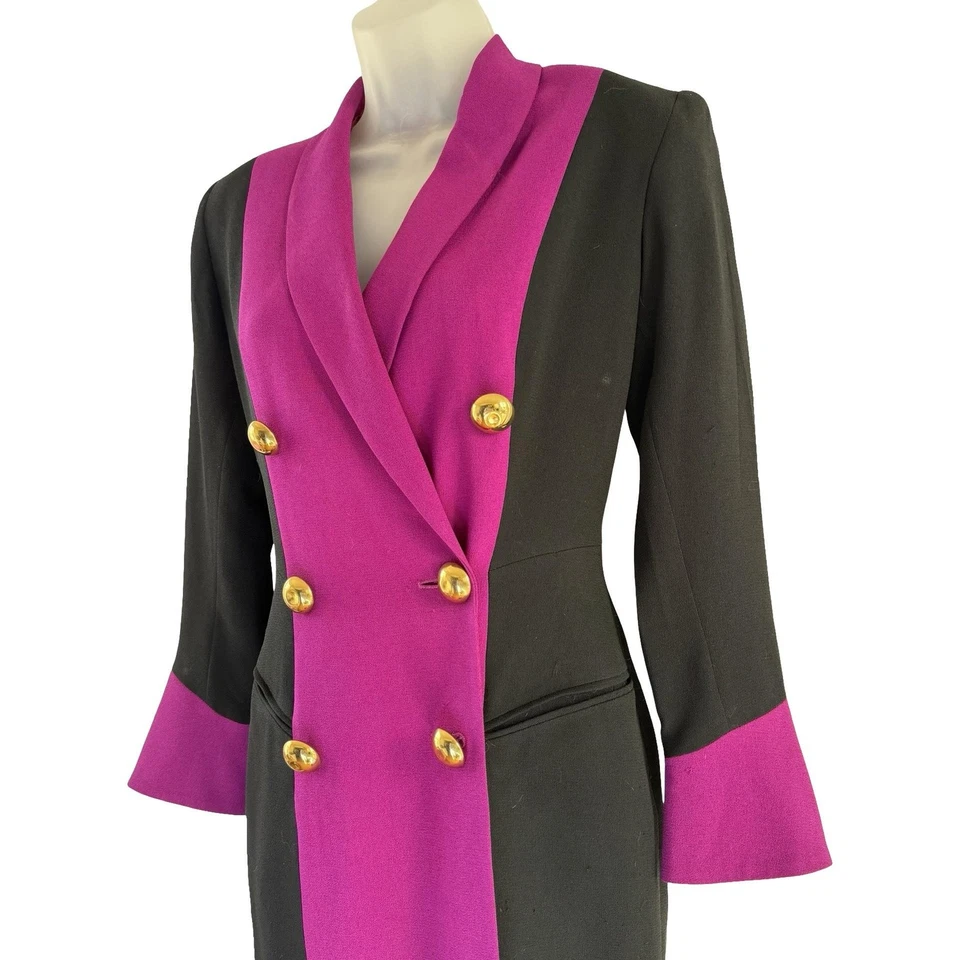 Vintage Tahari Petite Dress Womens 2 Black Purple Colorblock Double Breasted 90s - Image 2 of 4