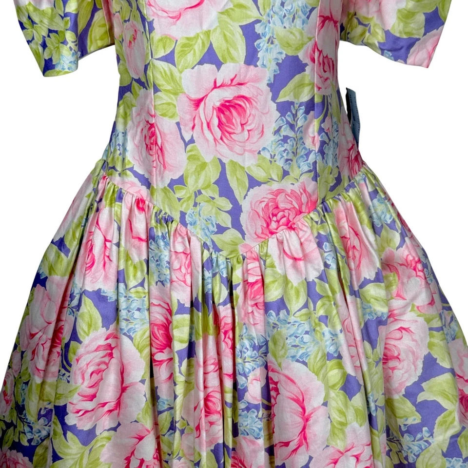 Vestido vintage Joan Calabrese niños manga abullonada estampado floral rosa pajarita años 80 8P Foto 4 de 4