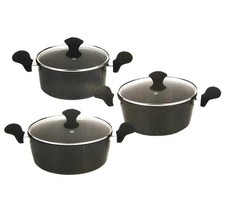 3Pc Non Stick Casserole Pot Set Glass Lid Stockpot Set Marble Coated 20 22 24 cm