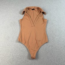NBD Revolve Bodysuit Women Small Brown Nude Collared V-Neck Thong Quiet Luxury