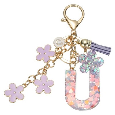 Alphabet U Tassel Cherry Blossom Initial Letter Keychain (Purple, Pack of 1)