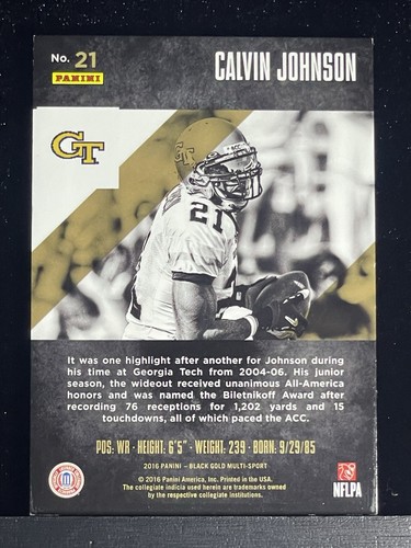 2016 Panini Black Gold Collegiate Calvin Johnson Holo White Gold /10 *#1/10 SSR* - Foto 3 di 3
