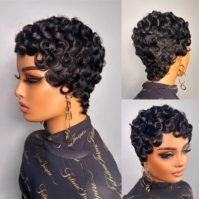 Short Curly Pixie Cut Wig for Black Women Human Hair 1B Color Finger Wave Style