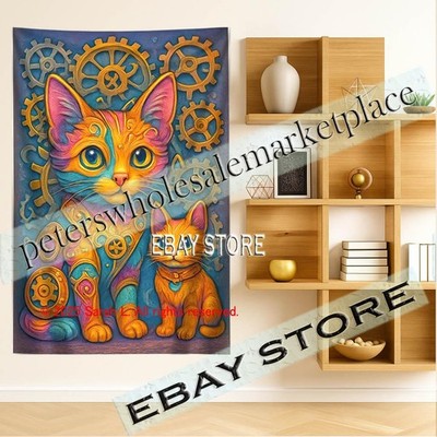 Cat tapestry steampunk family hanging mechanical whimsy fabric 39X59 in