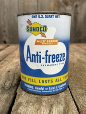 NOS Vintage 1Qt SUNOCO Motor Oil Anti Freeze Tin Can Unopened Gas Advertising