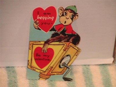 Vintage Valentine Card Anthropomorphic Monkey Organ Grinder Begs Valentines Day