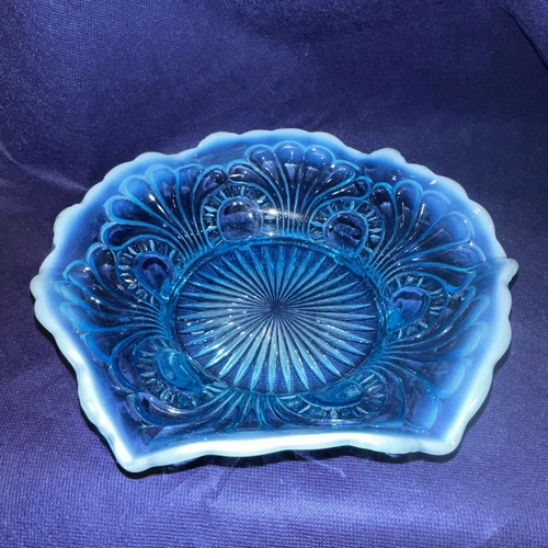 Vintage Fenton Glass Scroll & Eye Pattern Opalescent Footed Vase Blue  C 1960’s