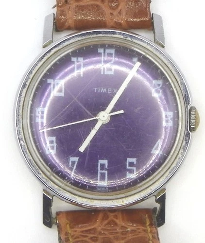 Timex 02477 Men Watch 8.5" Vintage Leather Band Dark Purple Dial For Parts 1977
