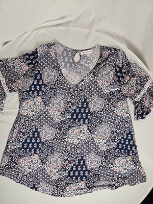 Stem & Vine Women's 2X Navy Paisley Short Sleeve Keyhole Blouse Plus Size 2x