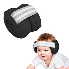 Black baby hearing protection earmuffs with elastic headband, 0-36 months