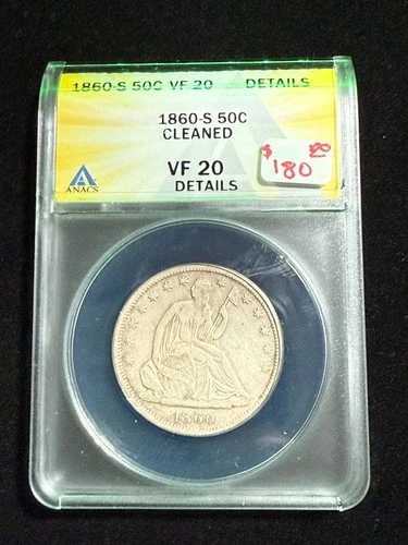 1860 S SEATED LIBERTY HALF DOLLAR ANACS VF 20 DETAILS CLEANED