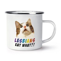 Lesbians Eat Was Emaille Becher Tasse Gay Weiß Freundin Katze Muschi Lustig Witz