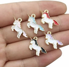 5 Enamel Unicorn Charms Gold Pendants Findings Fairy Tale Set Assorted Lot