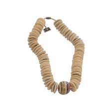 Vtg Boho Wood Chunky Necklace 16" Long w/Tan Discs Colored Center Pendant NWT