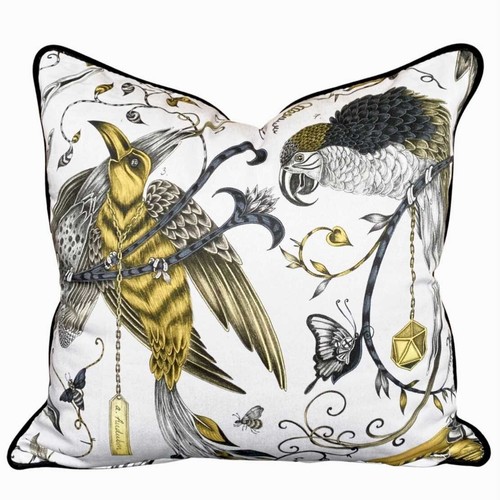 Emma J Shipley Audubon Cushion with Black Velvet Piping. 100 Cotton