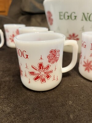 Vintage Fire King Christmas Egg Nog Snowflakes Bowl And 8 Mugs