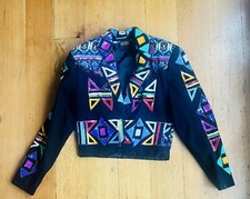 Vintage 80s Modi Denim Sequin Bomber Jacket Beaded Black Colorful Geometric