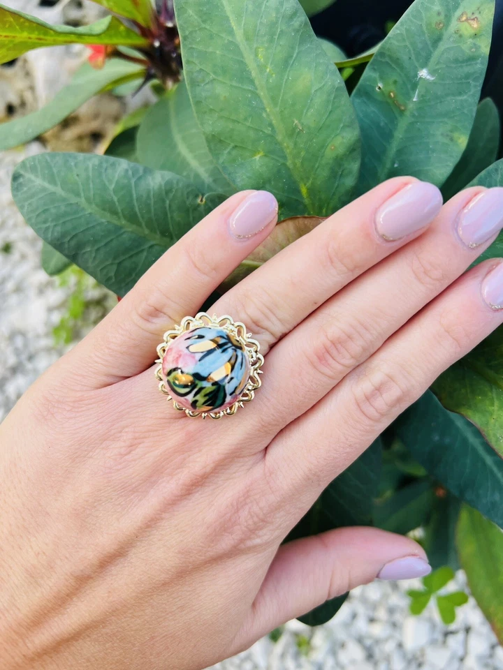 Anello Con Fiore  In Ceramica Di Caltagirone  Artigianali Regolabile - Immagine 2 di 3