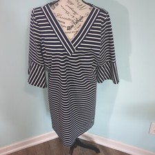 Skies Are Blue Navy White Striped Flare 3/4 Sleeve Shirt Dress V-neck large
