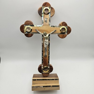 Vtg Handcrafted Olive Wood & Mother Of Pearl Crucifix W/ 4 Capsules Jerusalem